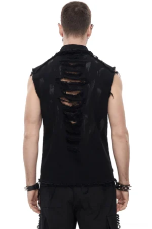 Gothic sleeveless shirt back view displaying hollowed-out ripped back panels and frayed hem with industrial aesthetic