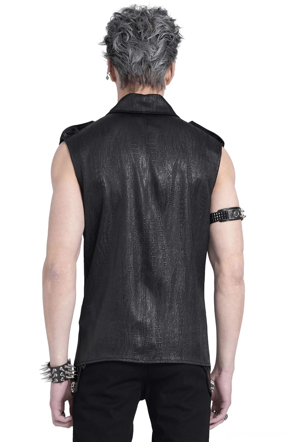 Gothic sleeveless lace-up shirt rear view showing structured collar and studded arm accessories