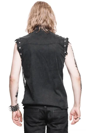 Black gothic studded sleeveless shirt back view showing rivet-trimmed shoulder seams and fitted cut on male model