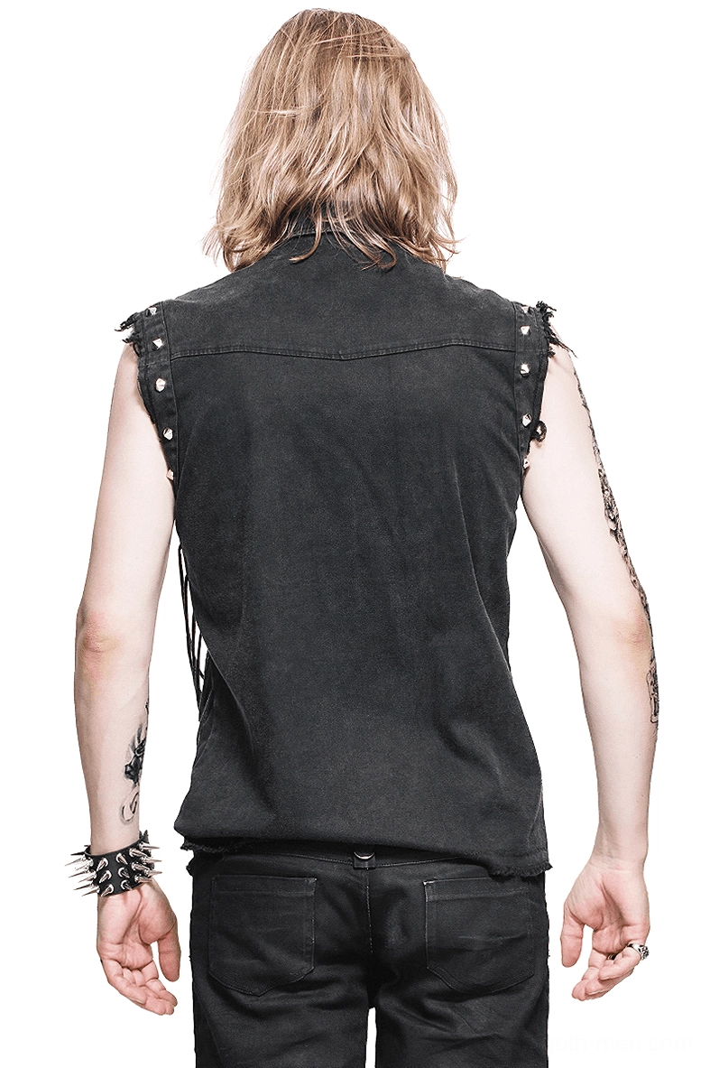 Black gothic studded sleeveless shirt back view showing rivet-trimmed shoulder seams and fitted cut on male model