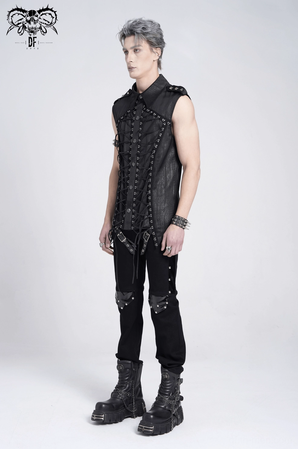 Black gothic lace-up sleeveless shirt model wear showing military epaulets and corset-style front lacing