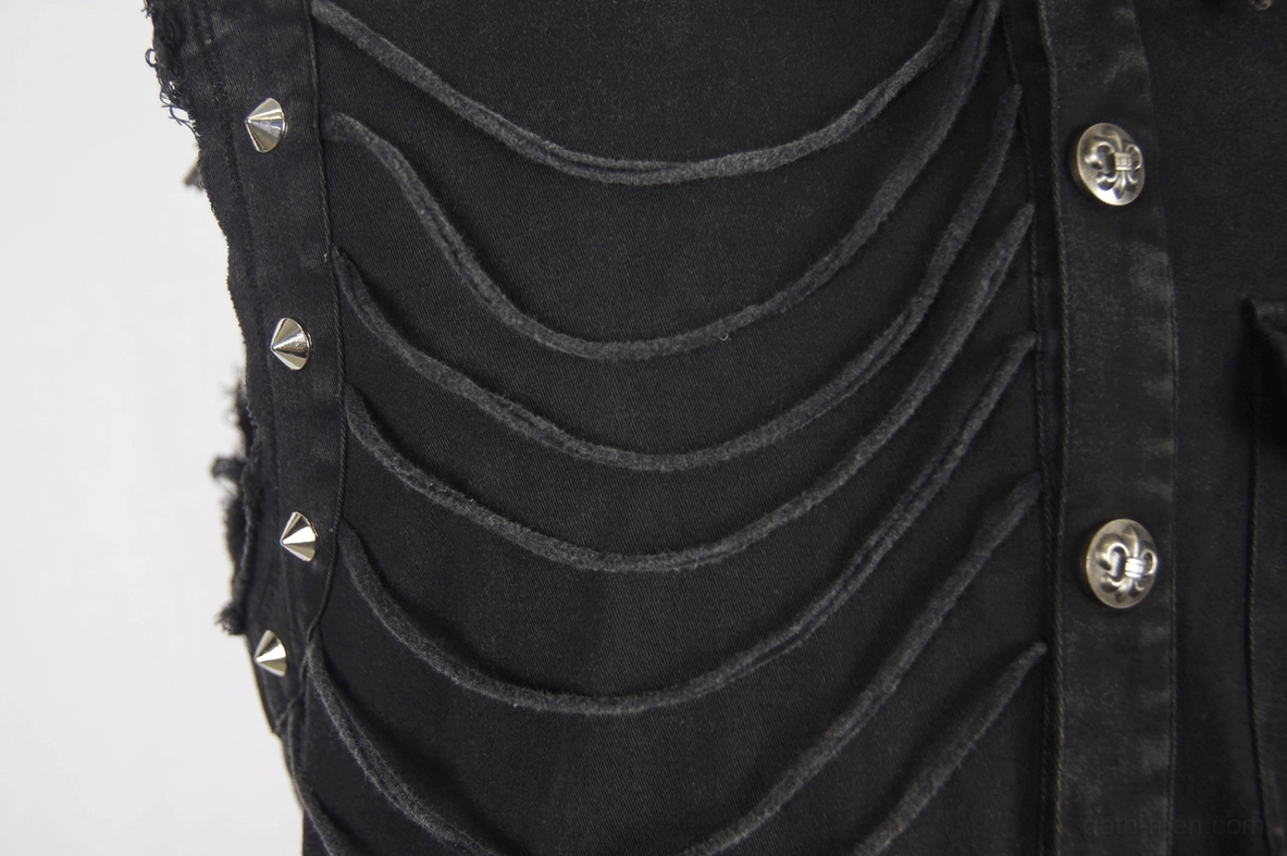 Black gothic rivet sleeveless shirt fit demonstration showing slim cut and shoulder definition on male model