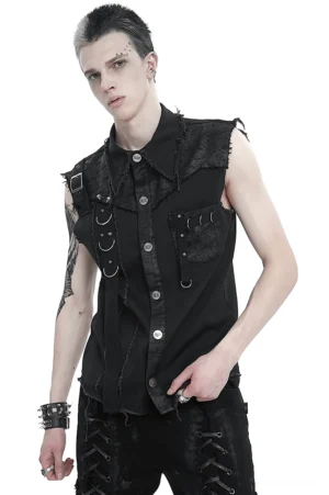 Gothic button-front sleeveless shirt front view on male model, black woven fabric with metal ring and buckle embellishments