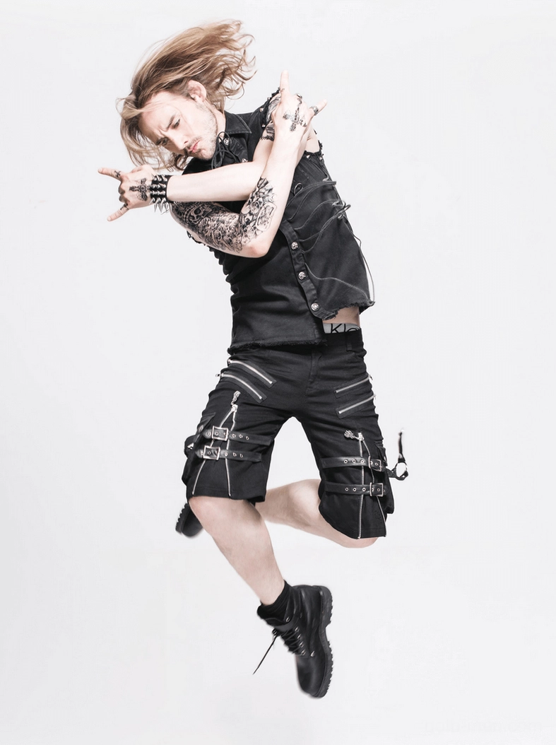 Black gothic sleeveless shirt frontal fit view highlighting slim silhouette and metal hardware placement