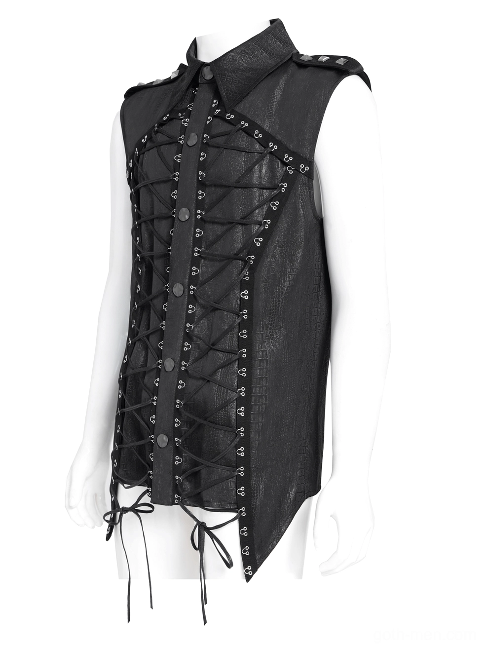 Male mannequin wearing black gothic sleeveless lace-up shirt with military epaulets and lace front