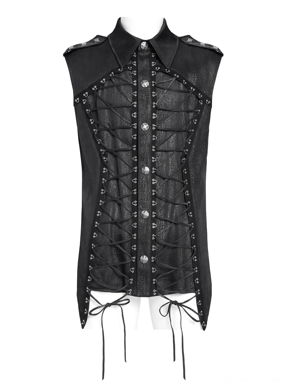 Black faux leather sleeveless gothic shirt flat lay featuring metal button trim and crocodile texture