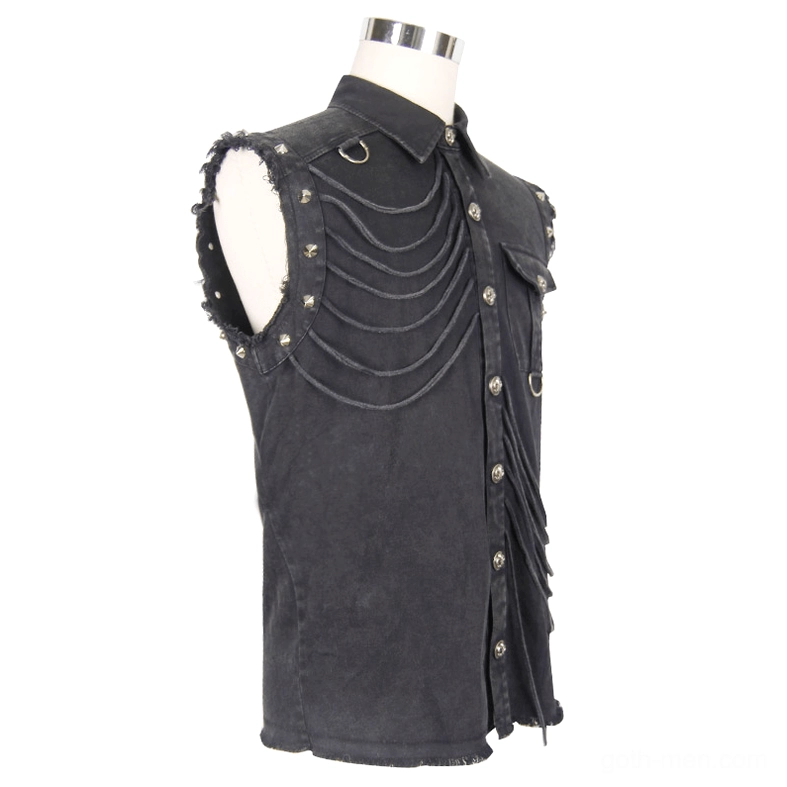 Black gothic sleeveless shirt side front view with studded shoulders and chain trim on white background