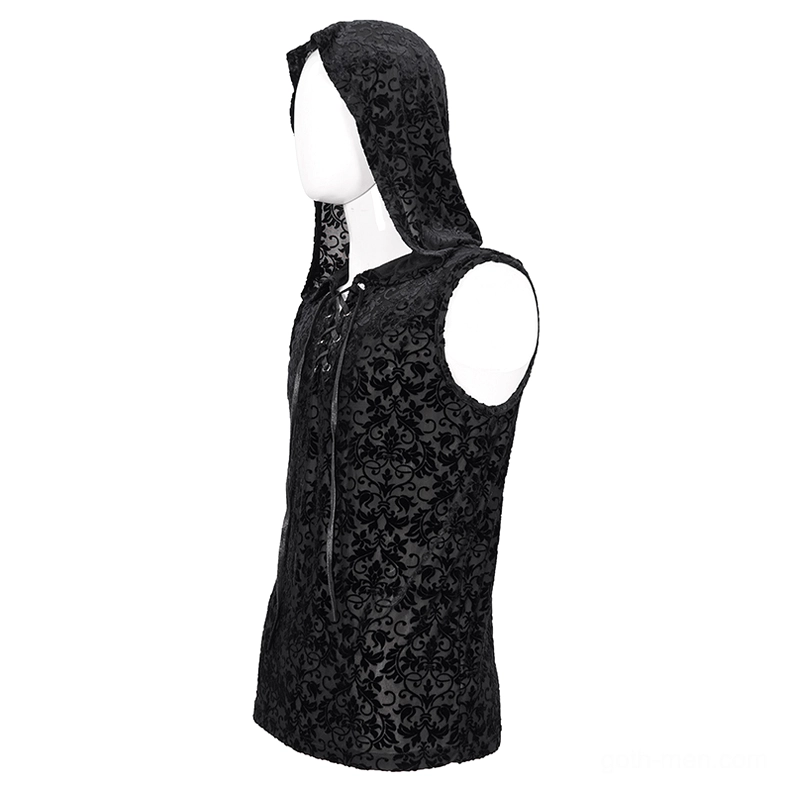 Gothic sleeveless hooded tank top with flocked floral pattern and fitted silhouette, left side view on mannequin