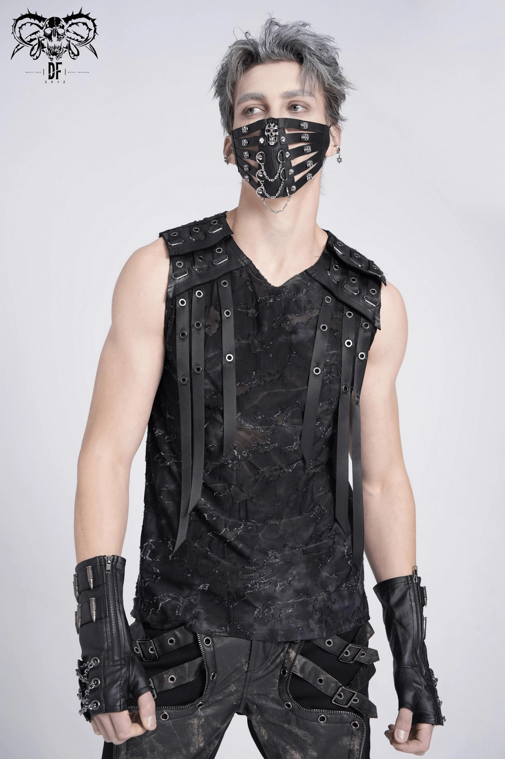 Black sleeveless gothic tank top detail view of faux leather eyelet straps and metal rivet embellishments