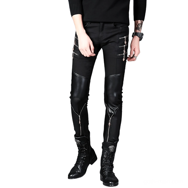 Front view of mens black skinny biker pants - gothic patchwork trousers with leg zippers, decorative hardware, and slim fit silhouette