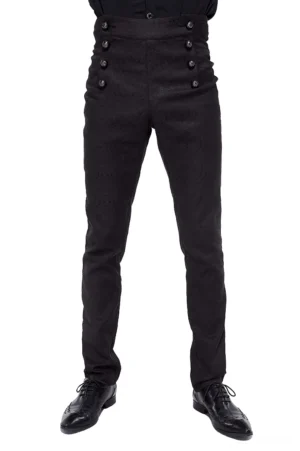 Gothic high-waist slim black pants front view on male model wearing formal shoes, showcasing double decorative buttons and fitted silhouette