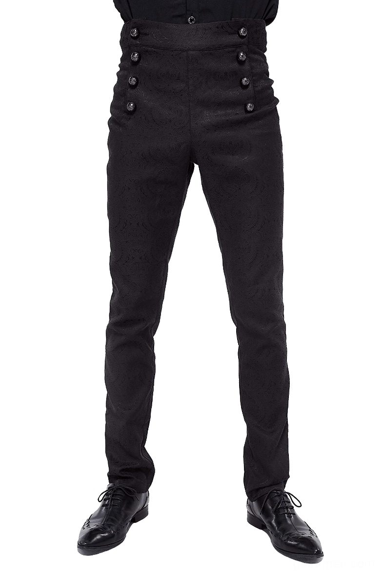 Gothic high-waist slim black pants front view on male model wearing formal shoes, showcasing double decorative buttons and fitted silhouette