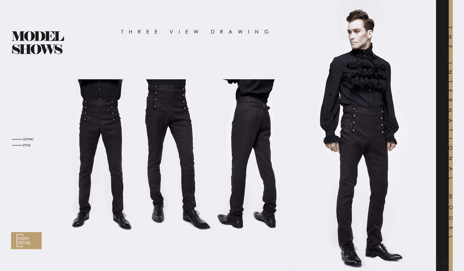 Full-length view of gothic high-waist slim-fit black pants with vintage decorative buttons and tapered leg, studio background