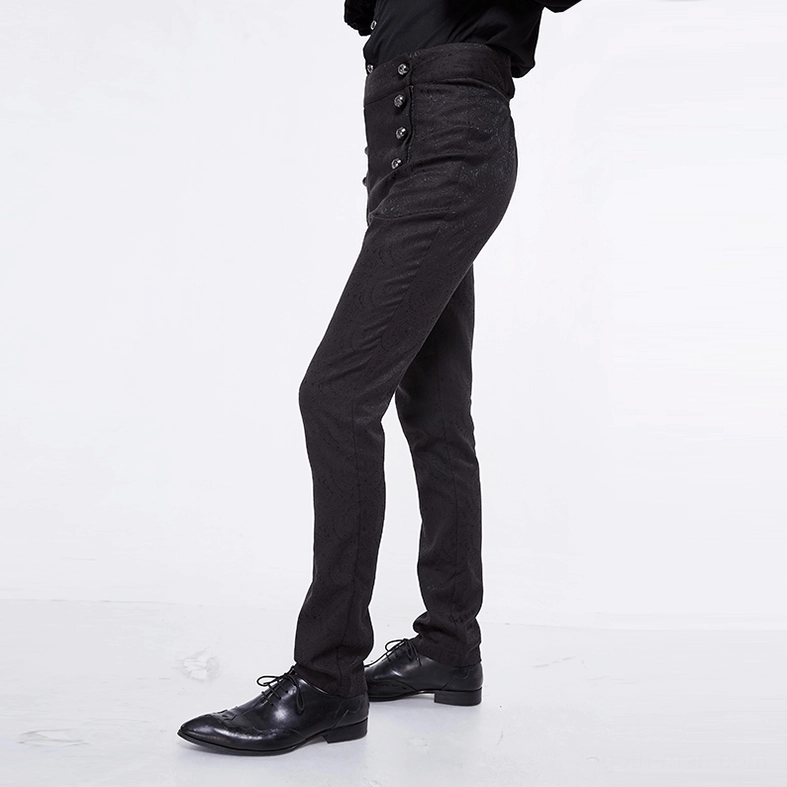 Side view of gothic high-waist slim black pants on male model, displaying fitted leg and double button rows, formal footwear
