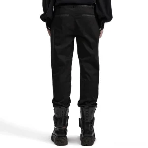 Gothic slim-fit trousers rear view on model, showing back welt pockets with jacquard trim detail