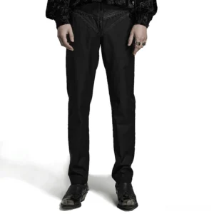 Gothic jacquard slim-fit trousers front view on male model, black twill with lace detail
