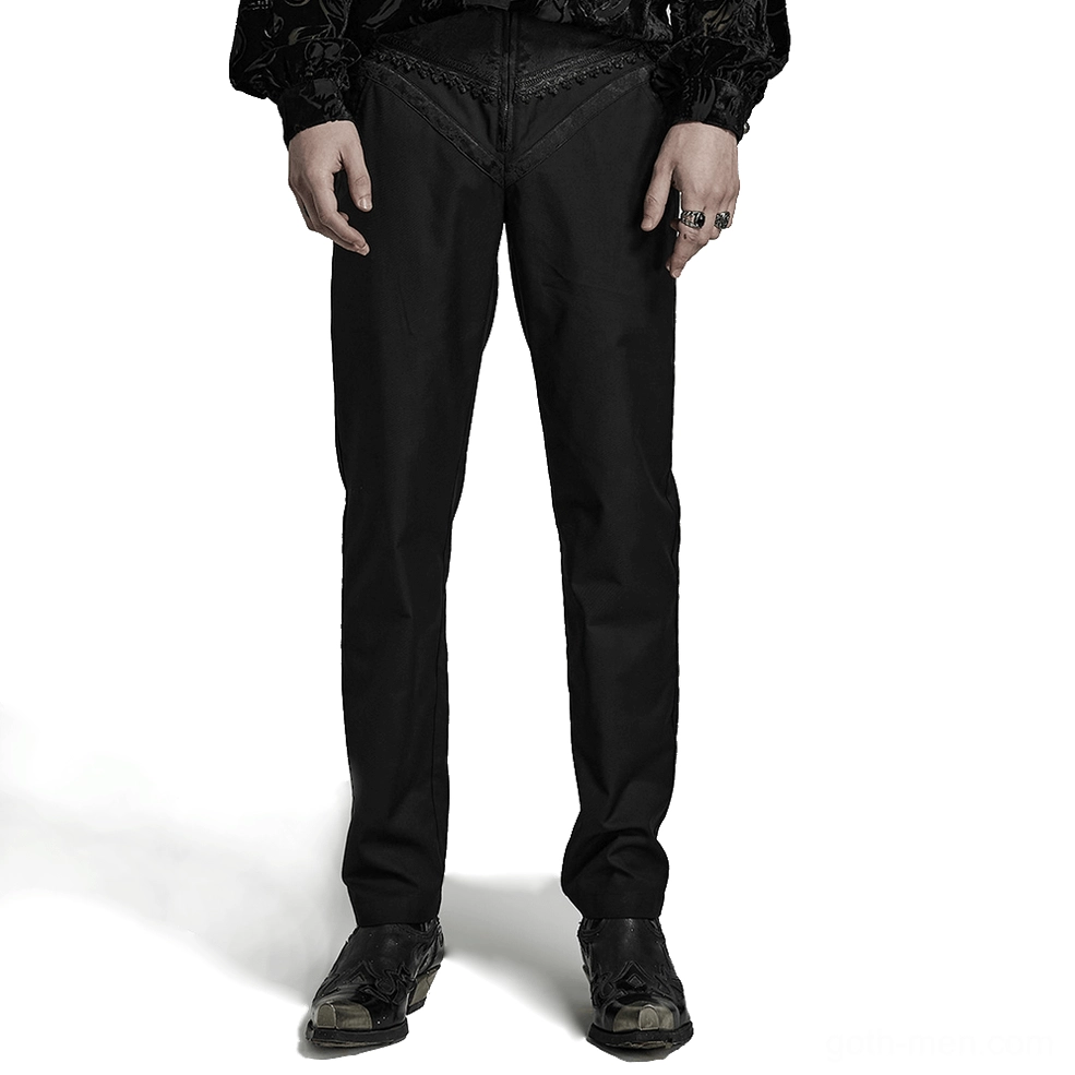 Gothic jacquard slim-fit trousers front view on male model, black twill with lace detail