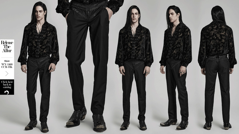 Gothic slim-fit jacquard trousers product main image, black structured pants with lace detail