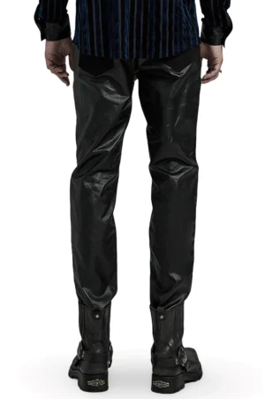 Gothic slim-fit pants back view showing glossy black PU fabric and tapered leg design on male model