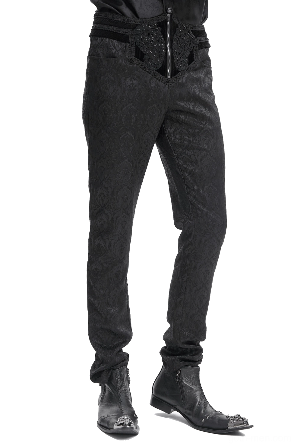 Gothic slim-fit pants full-length flat display, black embossed damask design, high-waist silhouette with front zipper closure and velvet accents