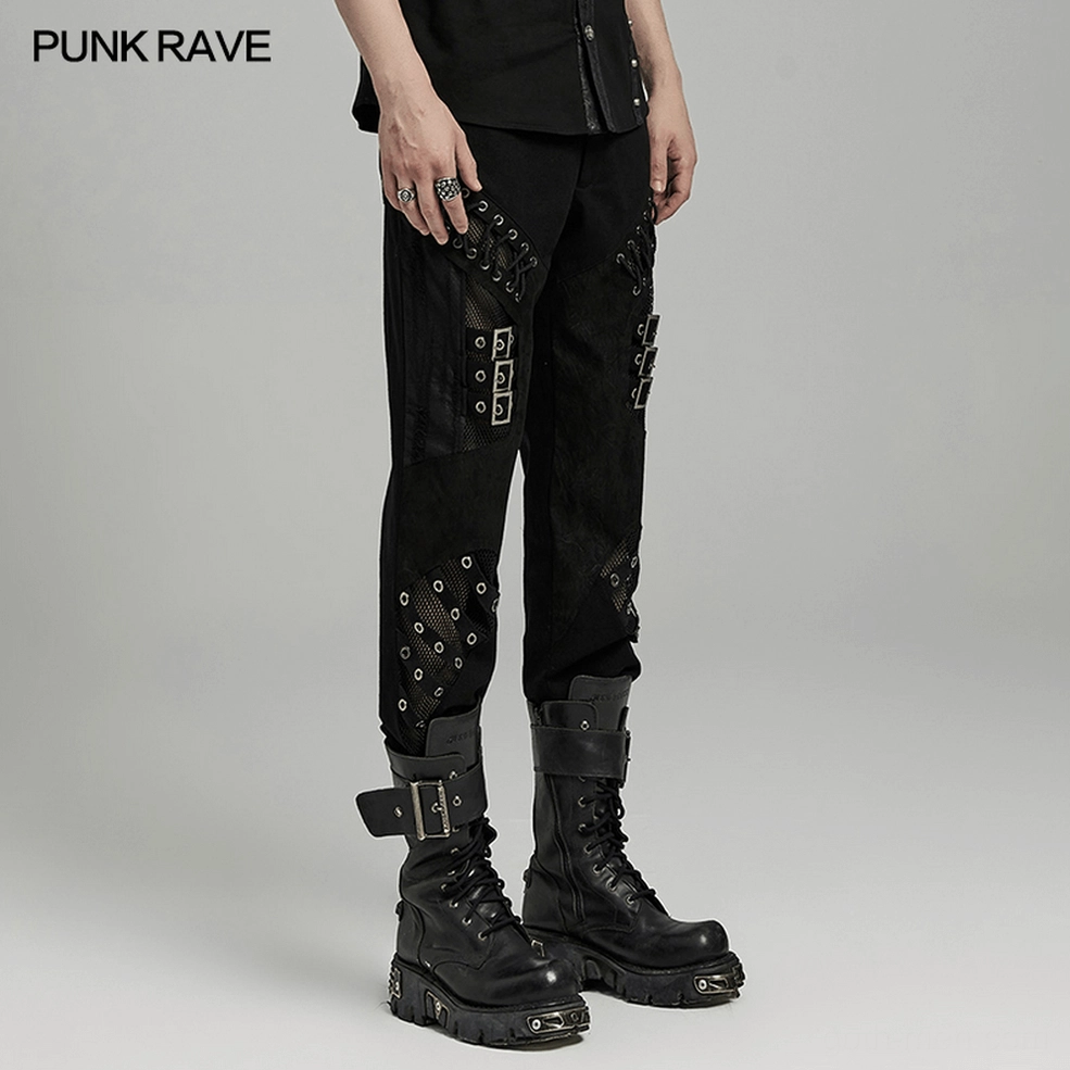 Alternative gothic black pants full length flat lay showing silhouette and mesh panel placement