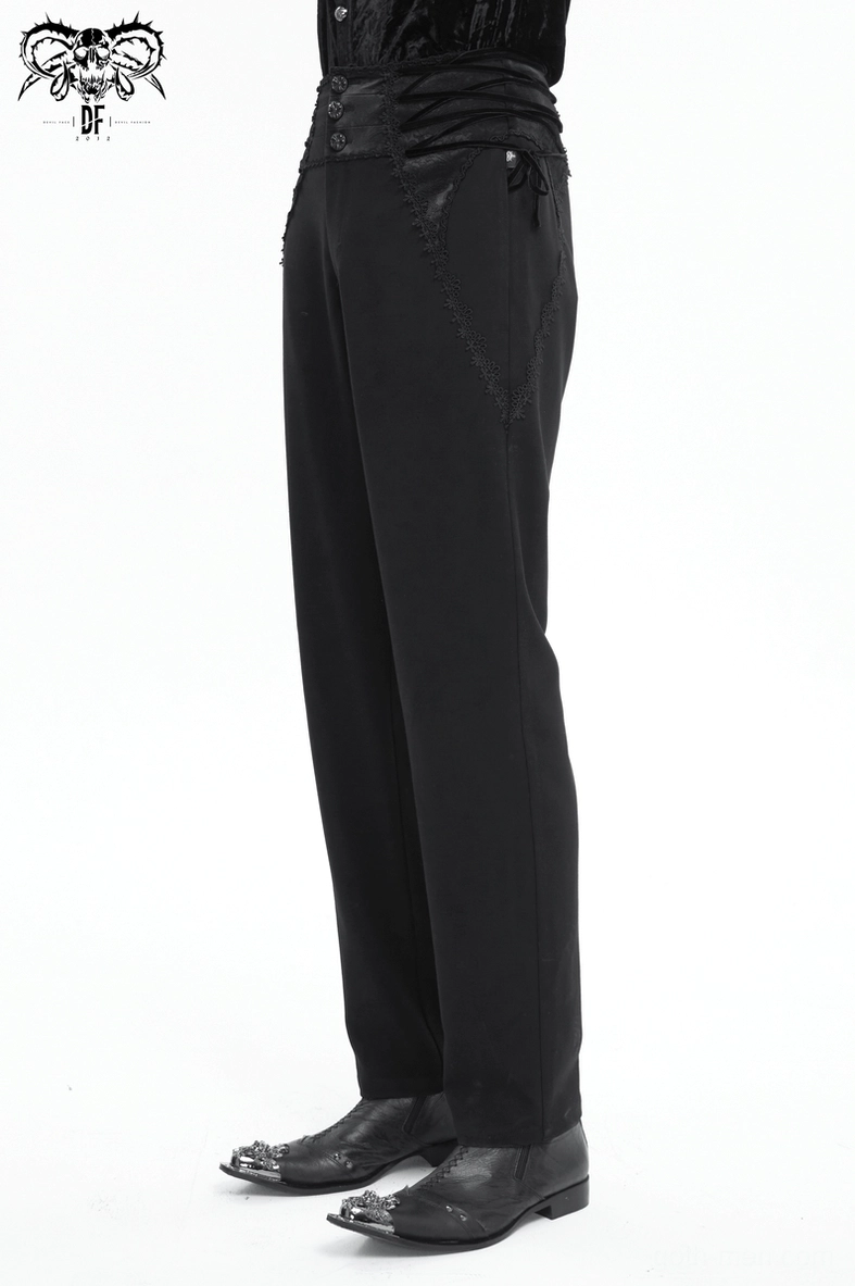 Gothic high-waisted pants flat lay rear view displaying ornate buckle, functional pockets, and straight leg taper