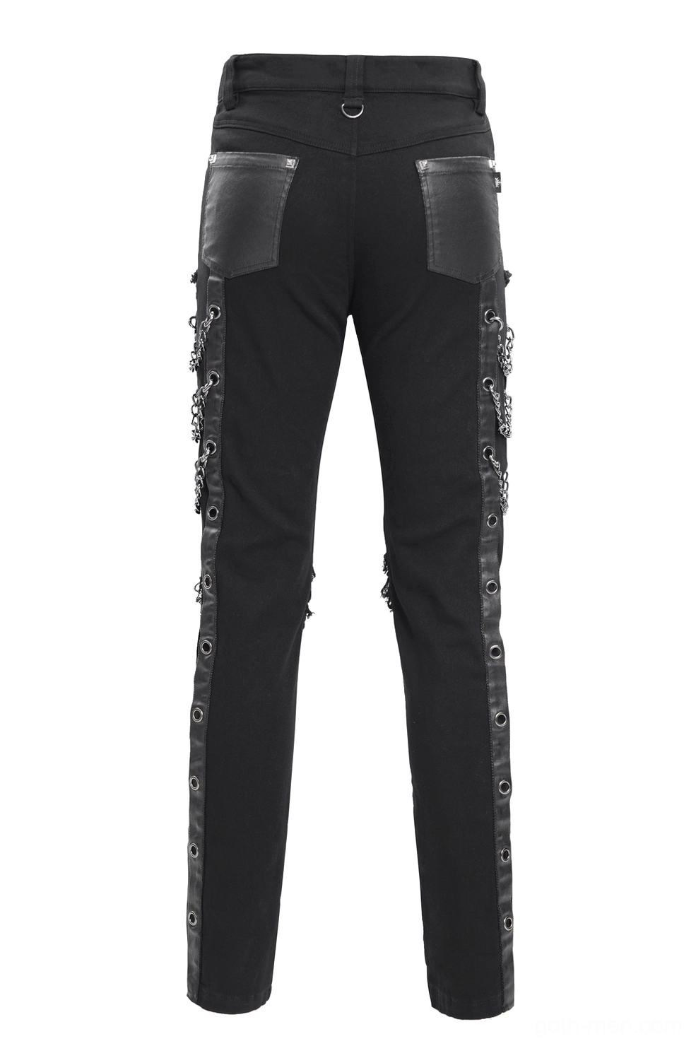 Rear flatlay of black gothic slim-fit pants showing leather patch pockets and side rivet trim