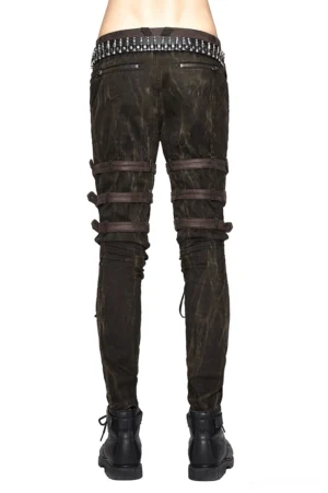 Steampunk slim-fit pants rear view showing studded waistband and strap decorations on back of legs