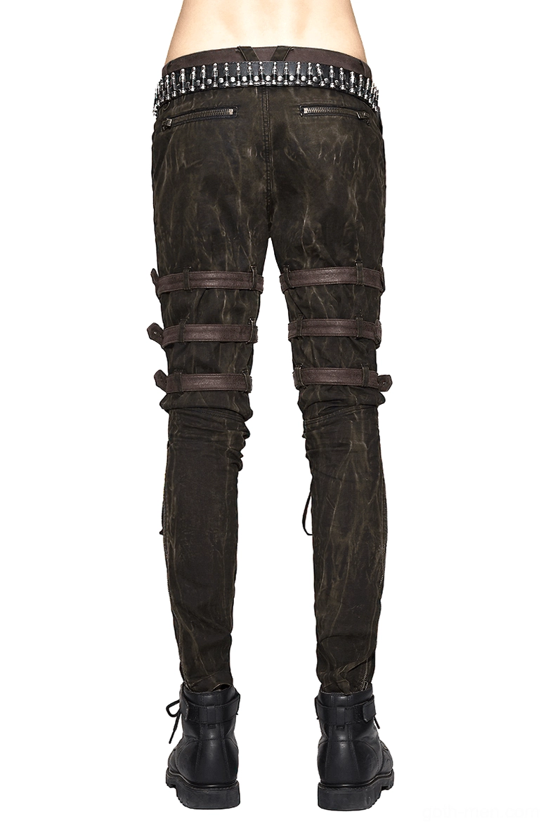 Steampunk slim-fit pants rear view showing studded waistband and strap decorations on back of legs