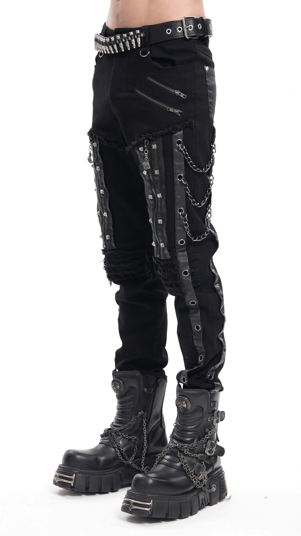 Black gothic slim-fit pants side profile showing chain embellishments and slim fit silhouette