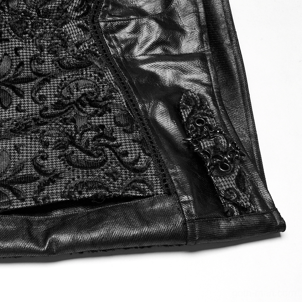 Side profile view of gothic slim-fit embroidered lace pants on model with leather waist detail