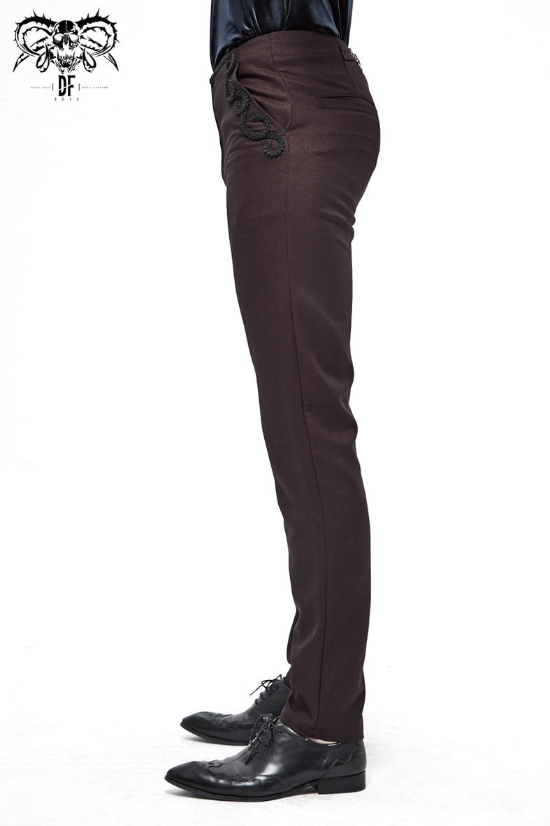 Side profile showcasing the tapered leg opening and overall silhouette of wine red gothic slim-fit pants from alternative fashion