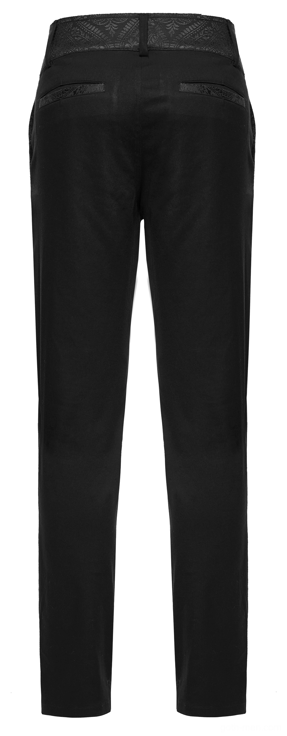 Gothic slim-fit trousers rear flat lay view, showing back welt pocket construction and tailored seam work