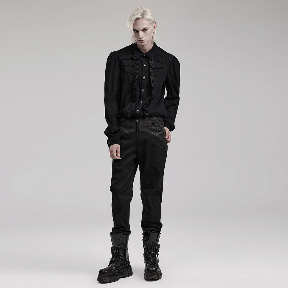 Gothic slim-fit black trousers flat lay showing overall garment proportions and hem width measurements