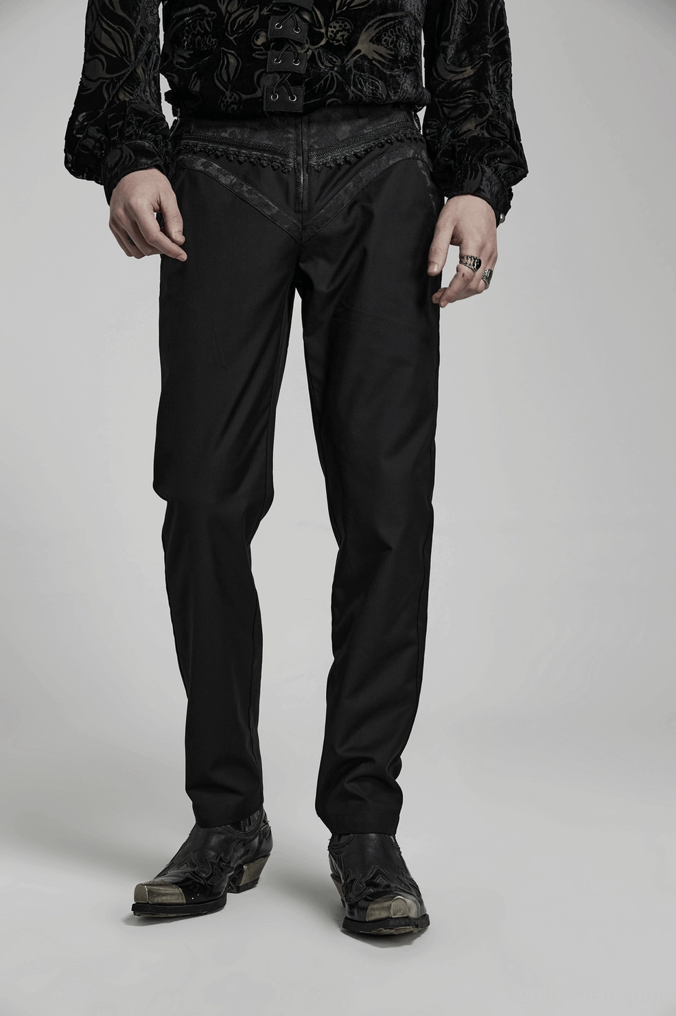 Gothic trousers hem and leg silhouette detail, slim-fit taper and fabric drape