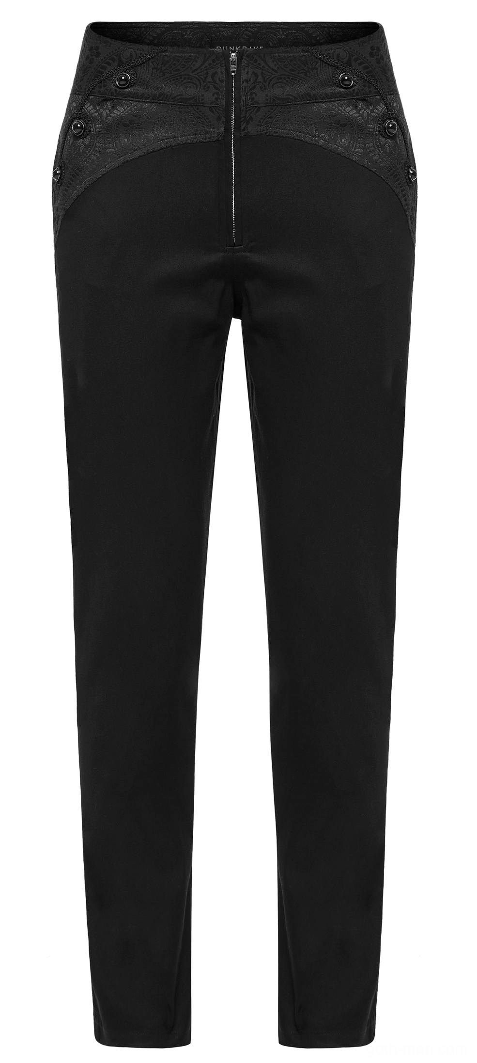 Gothic slim-fit black trousers flat lay front view detail, demonstrating precisely tailored leg cut and hem width