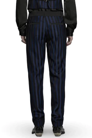 Black-blue gothic vertical stripe slim trousers rear full-body view showing structured welt pockets