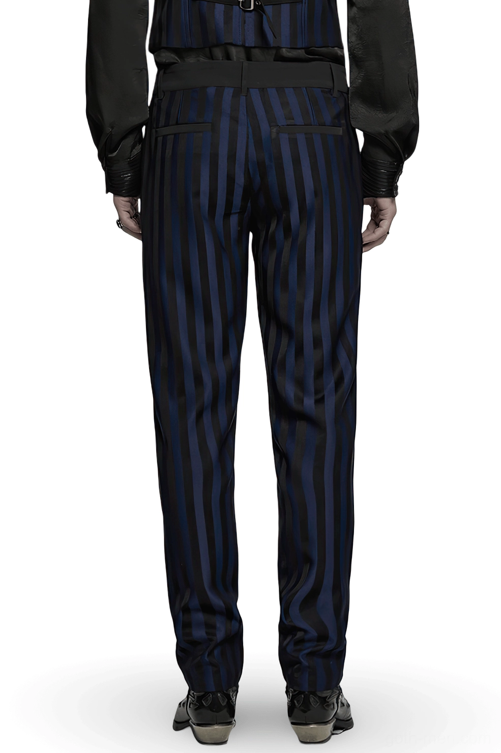 Black-blue gothic vertical stripe slim trousers rear full-body view showing structured welt pockets