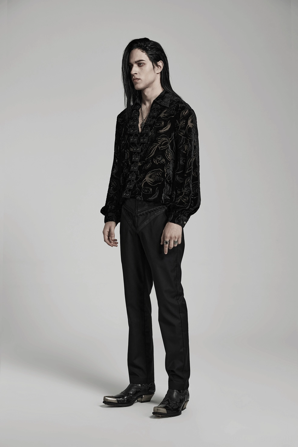 Gothic slim-fit trousers styling on model, complete outfit presentation and fit