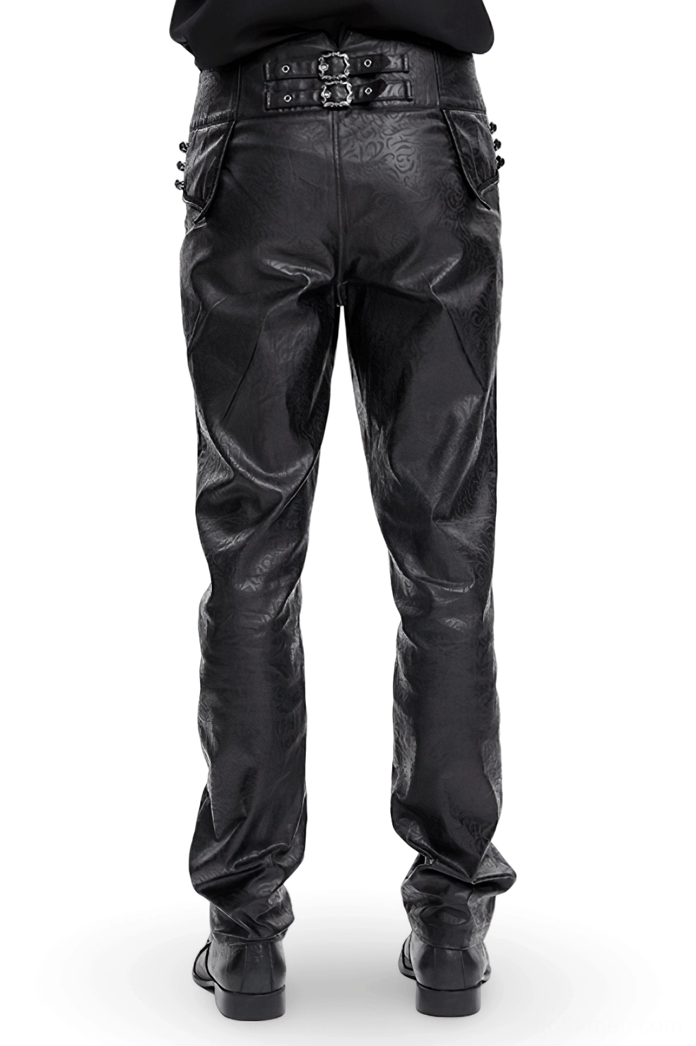 Back view of black synthetic leather gothic pants on model, displaying rear pocket design and dual buckle waistband system