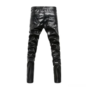 Black alternative fashion PU leather pants rear view showing structured dual flap back pockets and wrinkled texture