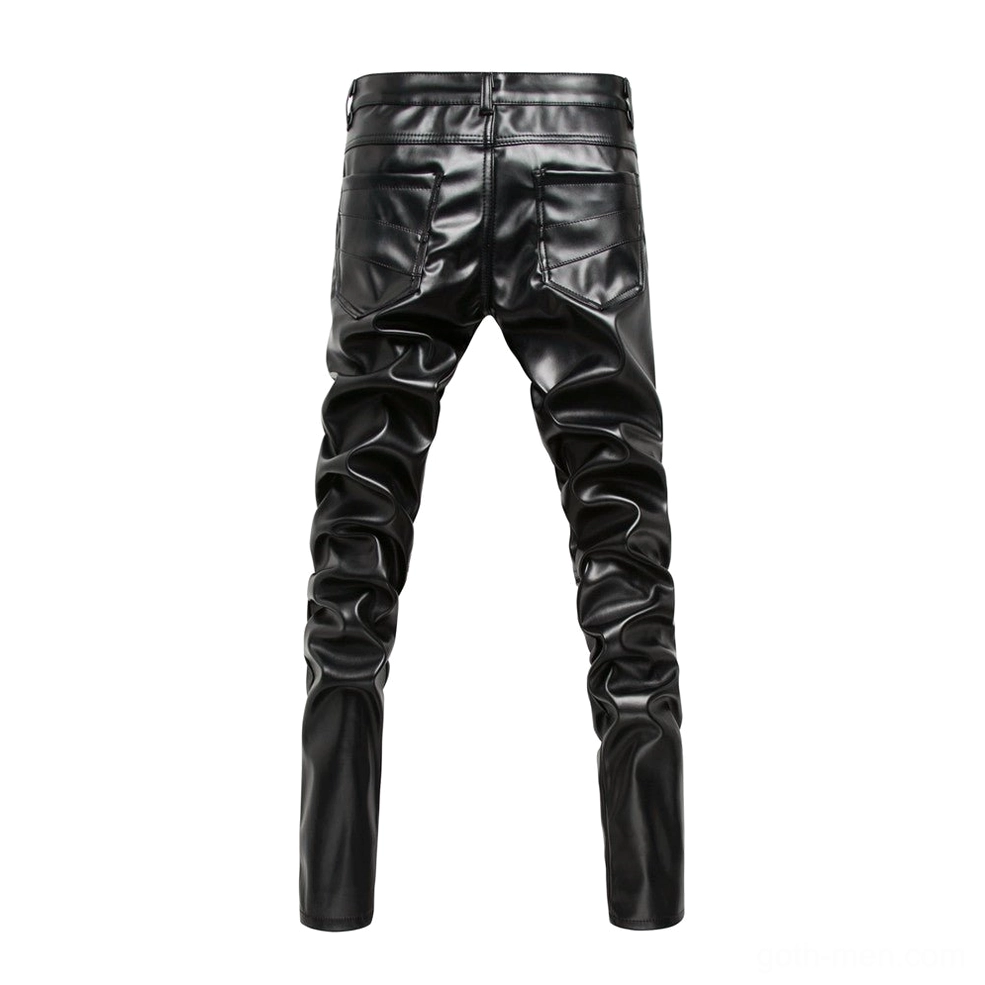 Black alternative fashion PU leather pants rear view showing structured dual flap back pockets and wrinkled texture