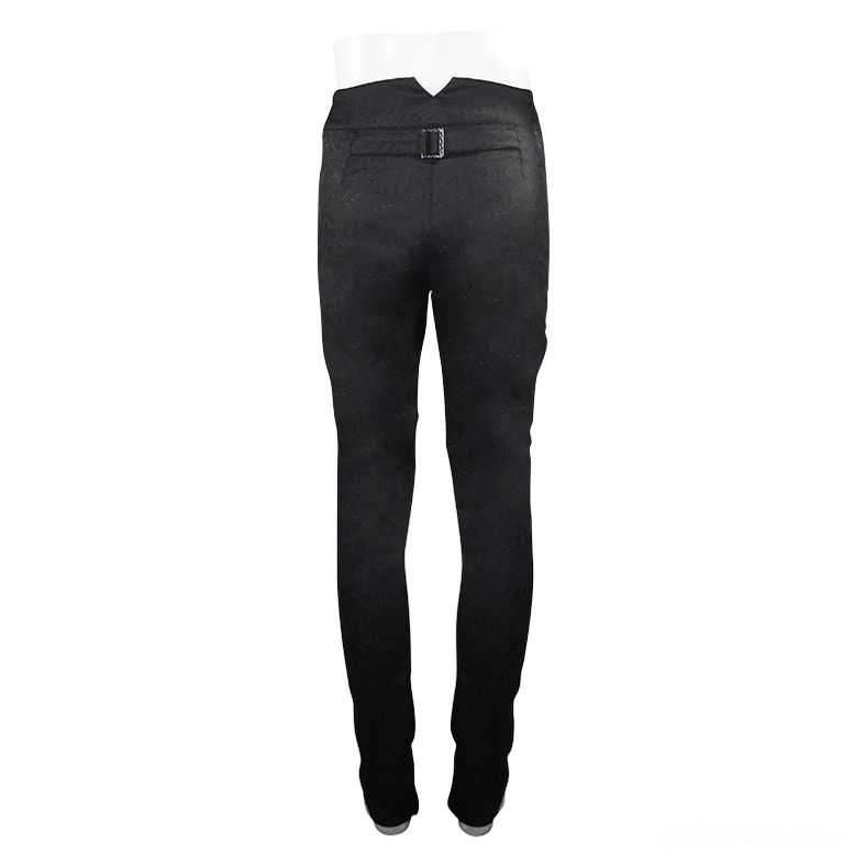 Rear mannequin display of gothic high-waist slim-fit black trousers, emphasizing back belt feature and contoured silhouette