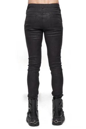 Black gothic slim fit pants rear full view with cracked texture distressed fabric