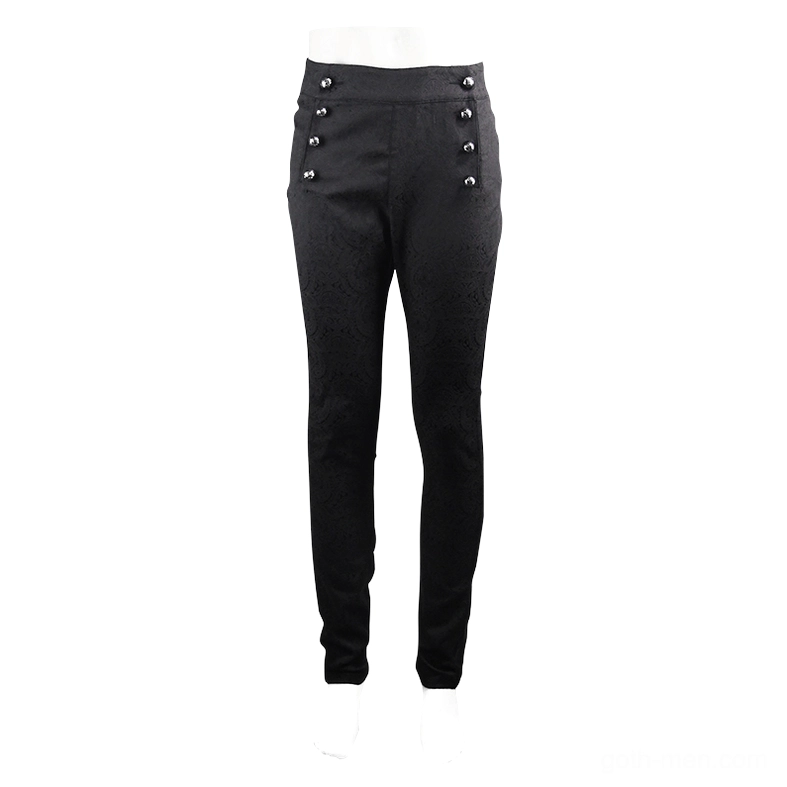 Mannequin display of gothic high-waist slim trousers front angle, highlighting double button detail and slim jacquard weave
