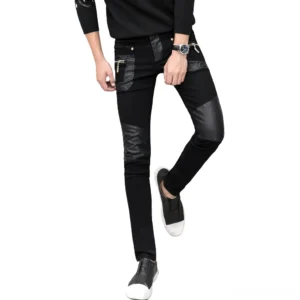 Men's gothic slim fit pants side view showing leather knee patch details and metal zippers