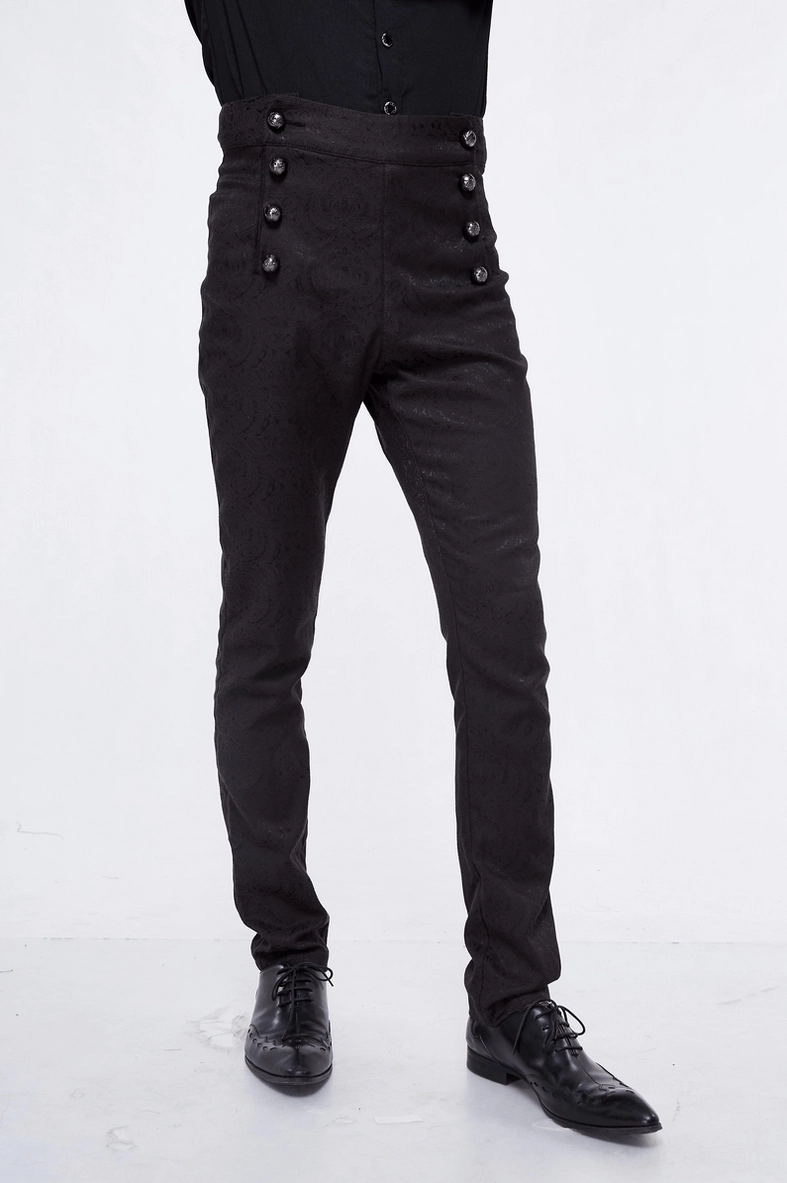 Three-quarter front angle of vintage gothic slim-fit black trousers on male model, showcasing double button placement and sleek silhouette
