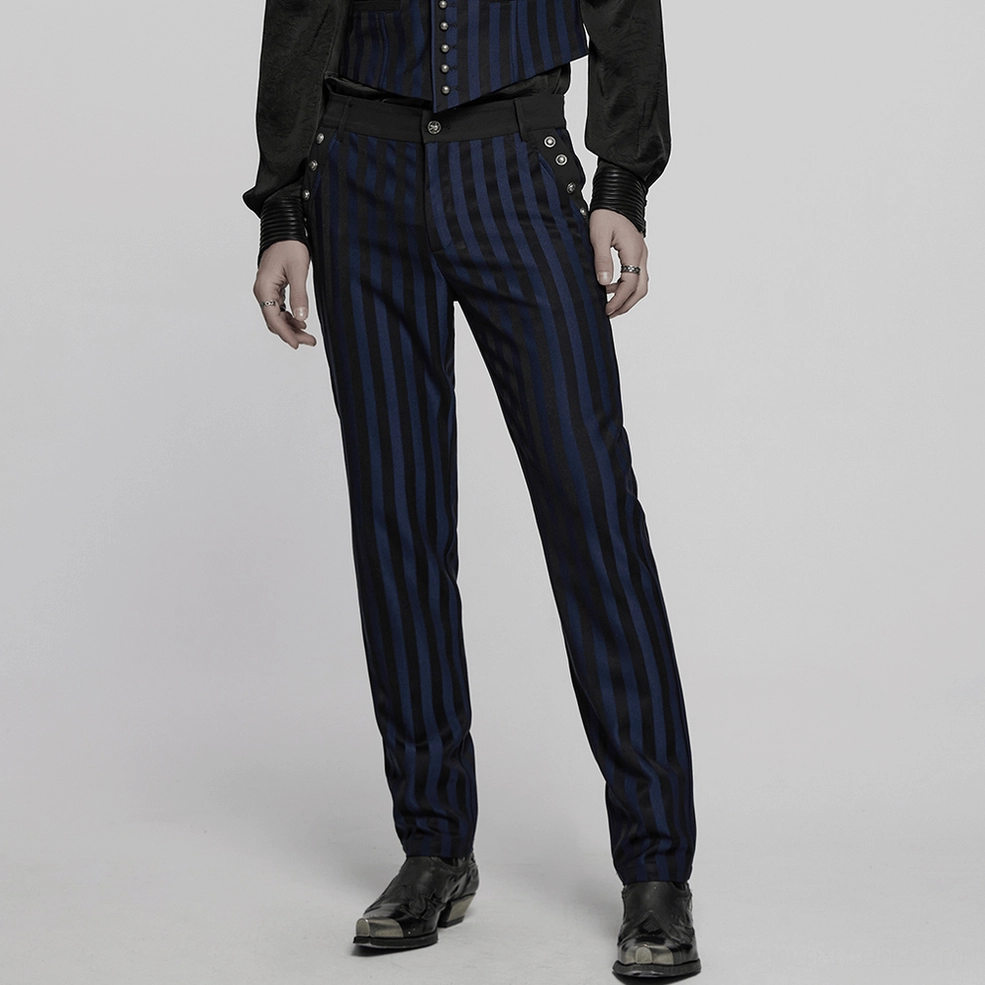 Black-blue gothic trousers flat lay detail showing complete vertical stripe design and tailored proportions