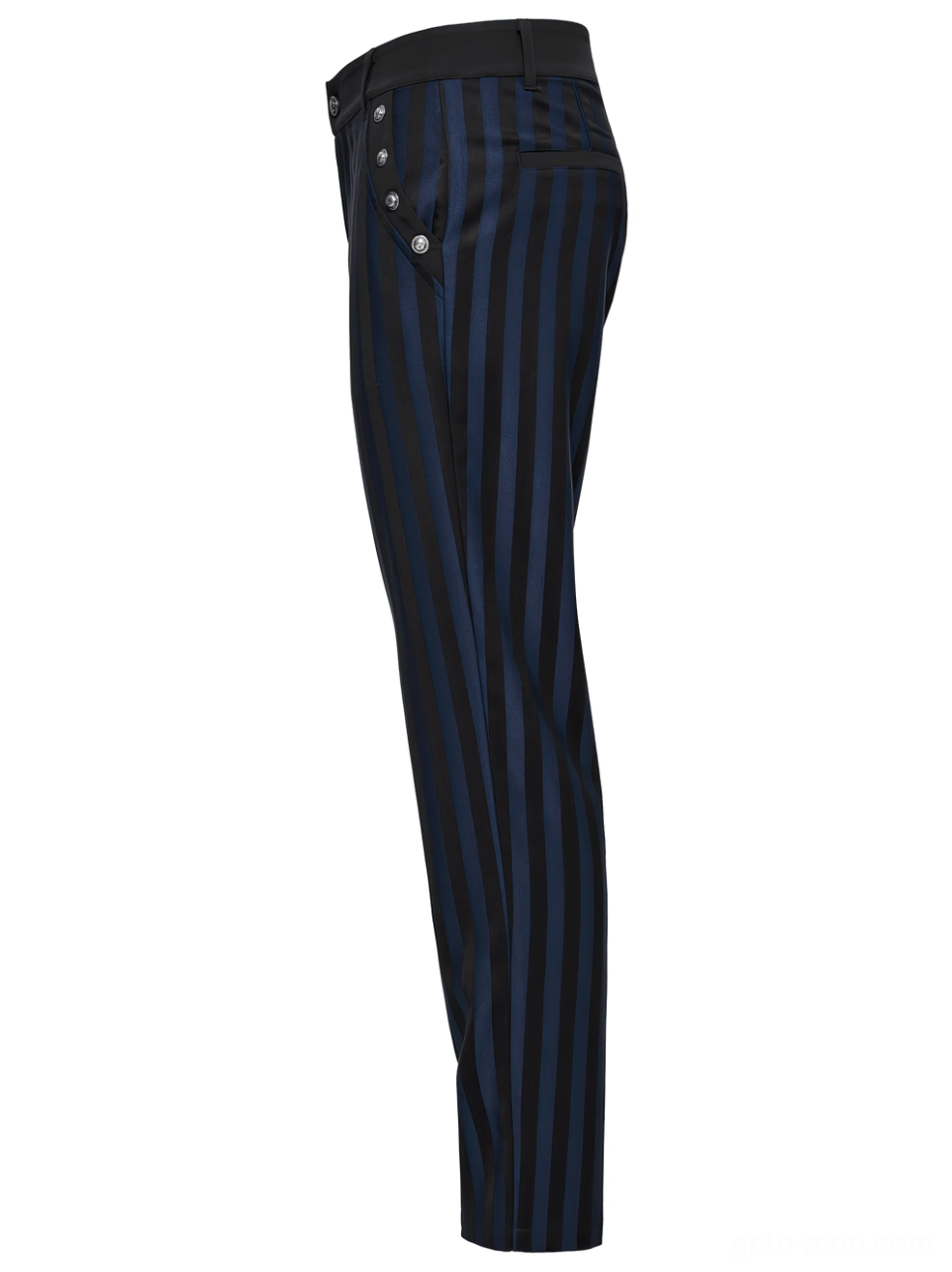 Black-blue striped gothic slim-fit trousers side profile flat lay revealing tapered leg and decorative buttons