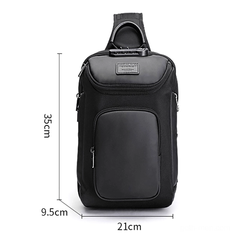 Black mens sling bag direct front view with size specifications 35x21x9.5cm multiple zipper compartments